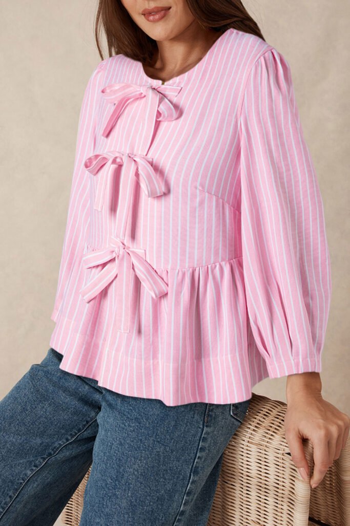 Pink Stripe Bowknot Front Crew Neck Puff Sleeve Blouse Pink Stripe Bowknot Front Crew Neck Puff Sleeve Blouse