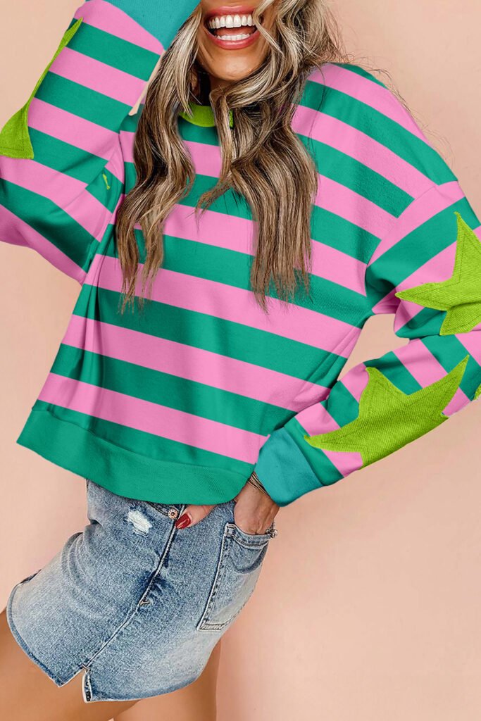 Pink Stripe Star Patchwork Round Neck Pullover Sweatshirt Pink Stripe Star Patchwork Round Neck Pullover Sweatshirt