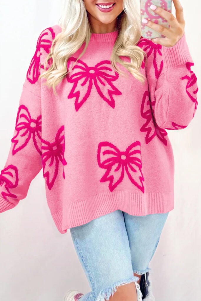 Pink Bow Pattern Drop Shoulder Loose Sweater Pink Bow Pattern Drop Shoulder Loose Sweater
