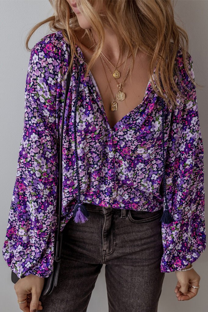 Purple Boho Flower Split V Neck Bubble Sleeve Blouse Purple Boho Flower Split V Neck Bubble Sleeve Blouse
