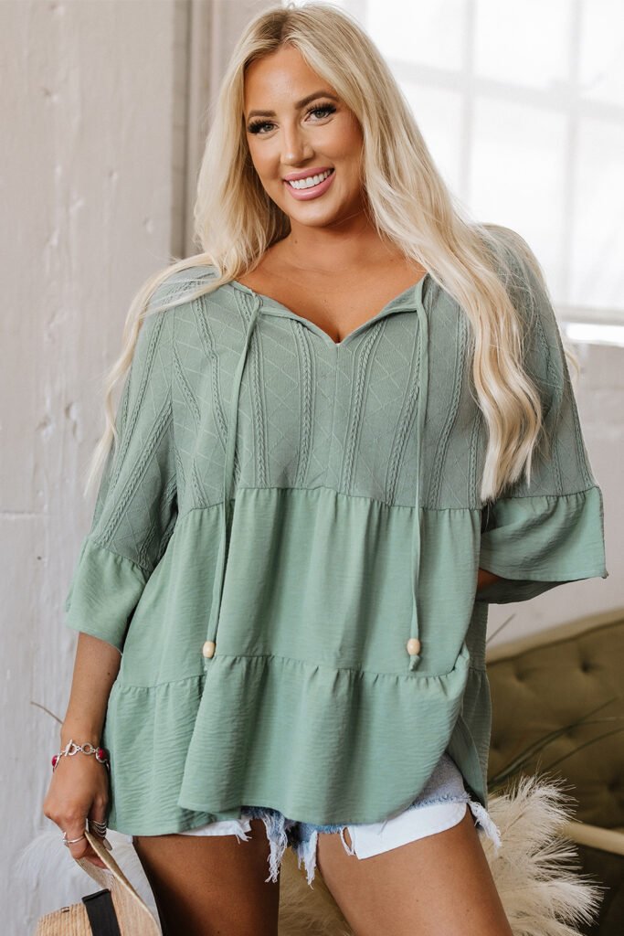 Laurel Green Tie Split Neck Textured Ruffle Patchwork Blouse Laurel Green Tie Split Neck Textured Ruffle Patchwork Blouse