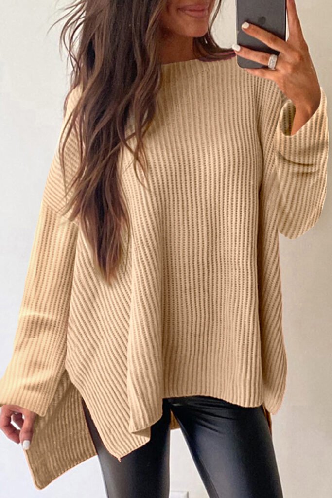 Apricot Cable Knit Drop Shoulder Side Slits Loose Sweater Apricot Cable Knit Drop Shoulder Side Slits Loose Sweater