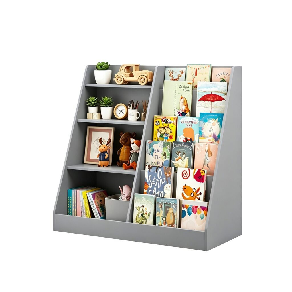 Kids Bookshelf with Toy Storage Organizer, 34.65×15.75×33.47in Wooden Bookcase Display Shelf for Kids, Multi-Tier MDF Book Storage Rack for Playroom B