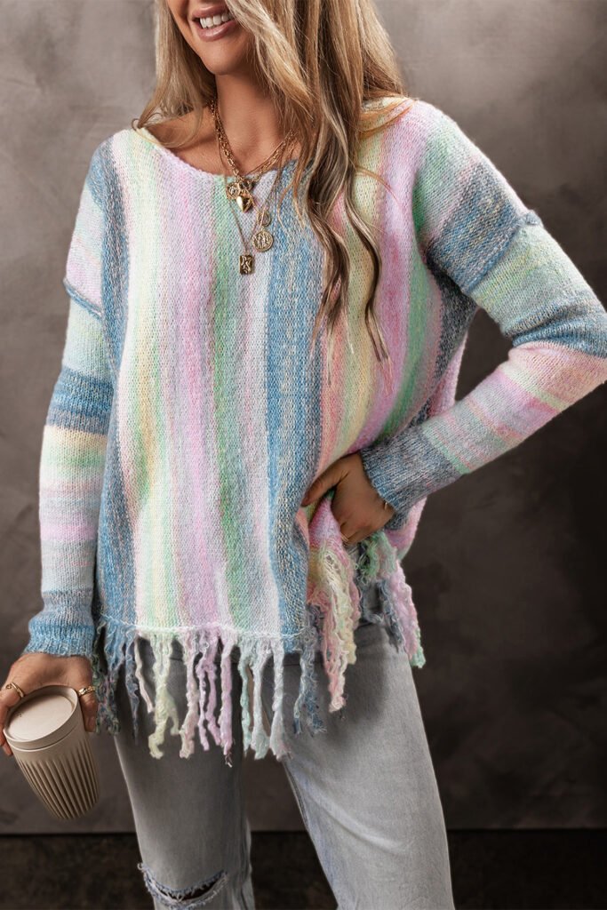 Purple Color Block Fringed Drop Shoulder Tunic Sweater Purple Color Block Fringed Drop Shoulder Tunic Sweater