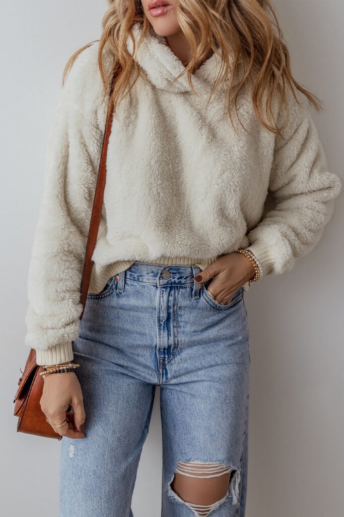 White Contrast Ribbed Edge Plush Hoodie White Contrast Ribbed Edge Plush Hoodie