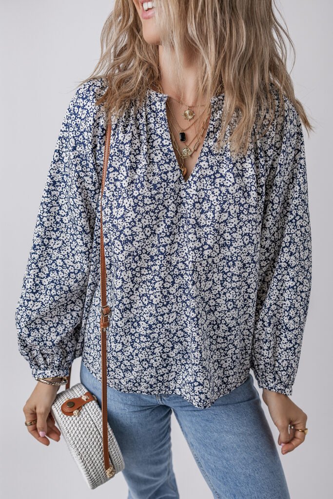 Blue Floral Print Notched V Neck Puff Sleeve Blouse Blue Floral Print Notched V Neck Puff Sleeve Blouse
