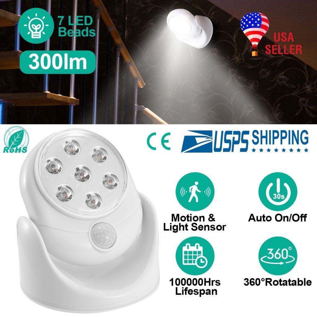 Wireless LED Spotlight 90 ° Motion Sensor Night Lamp 360°Rotate Cordless Stairs Lights Battery Operated w/23ft Sensing Range for Closet Bathroom Wireless LED Spotlight 90 ° Motion Sensor Night Lamp 360°Rotate Cordless Stairs Lights Battery Operated w/23ft Sensing Range for Closet Bathroom