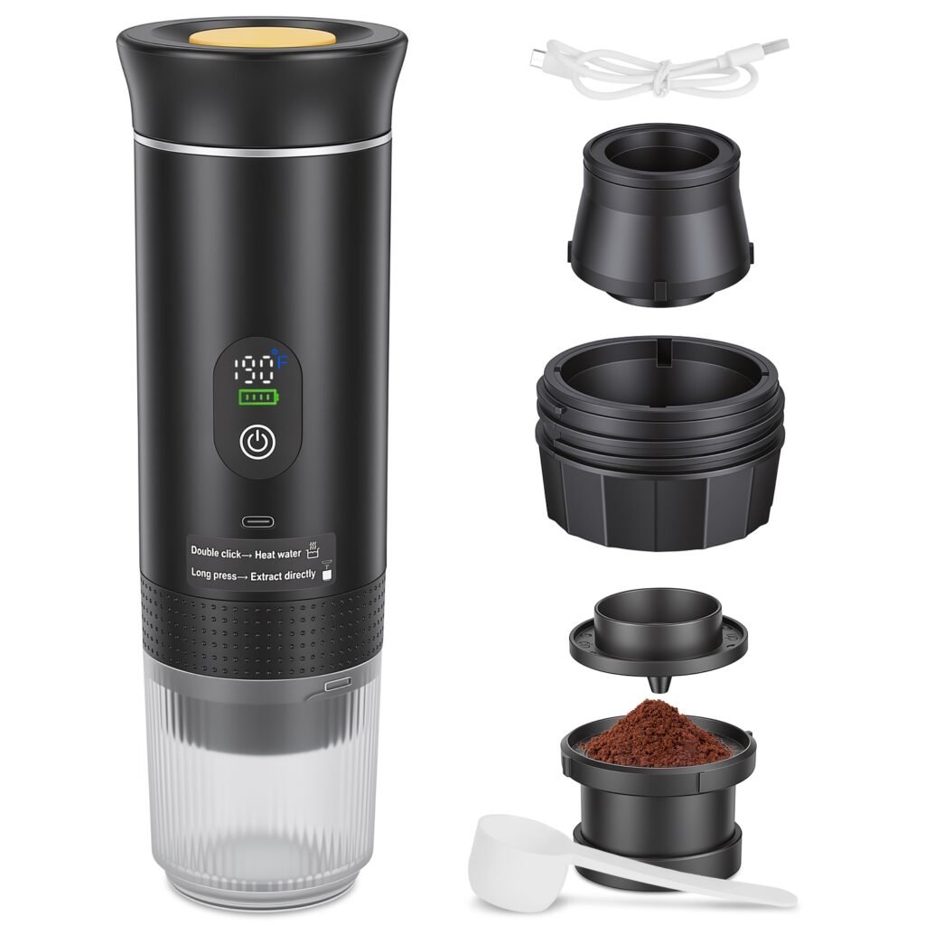 3-in-1 Portable Espresso Machine Cordless Self-Heating Coffee Maker with 7500mAh Battery 90℃/194℉ Heating 20Bar Pressure Anti-Dry Burn Fit for Ground