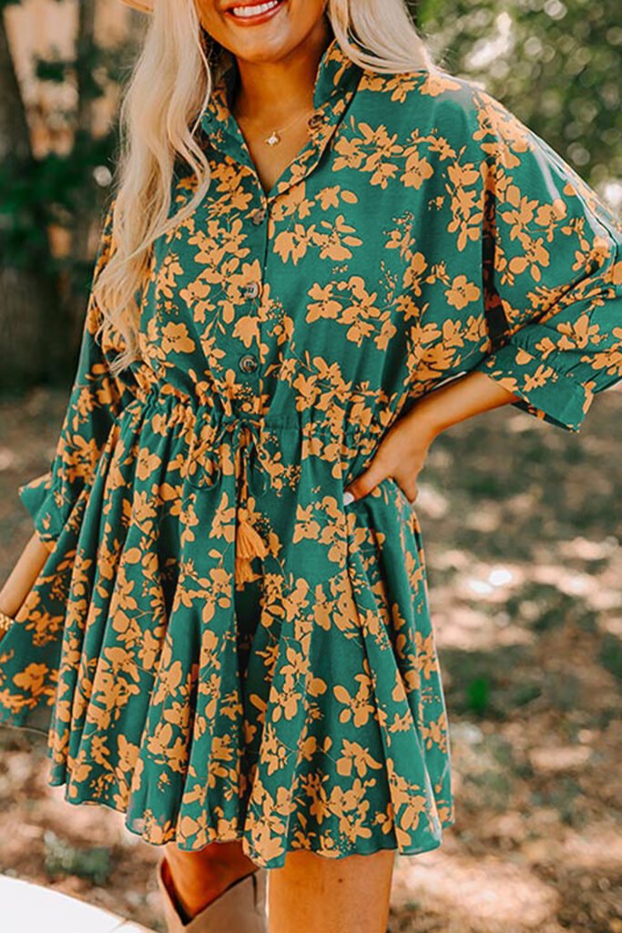 Green Floral Print Drawstring Tunic Flowy Short Dress Green Floral Print Drawstring Tunic Flowy Short Dress