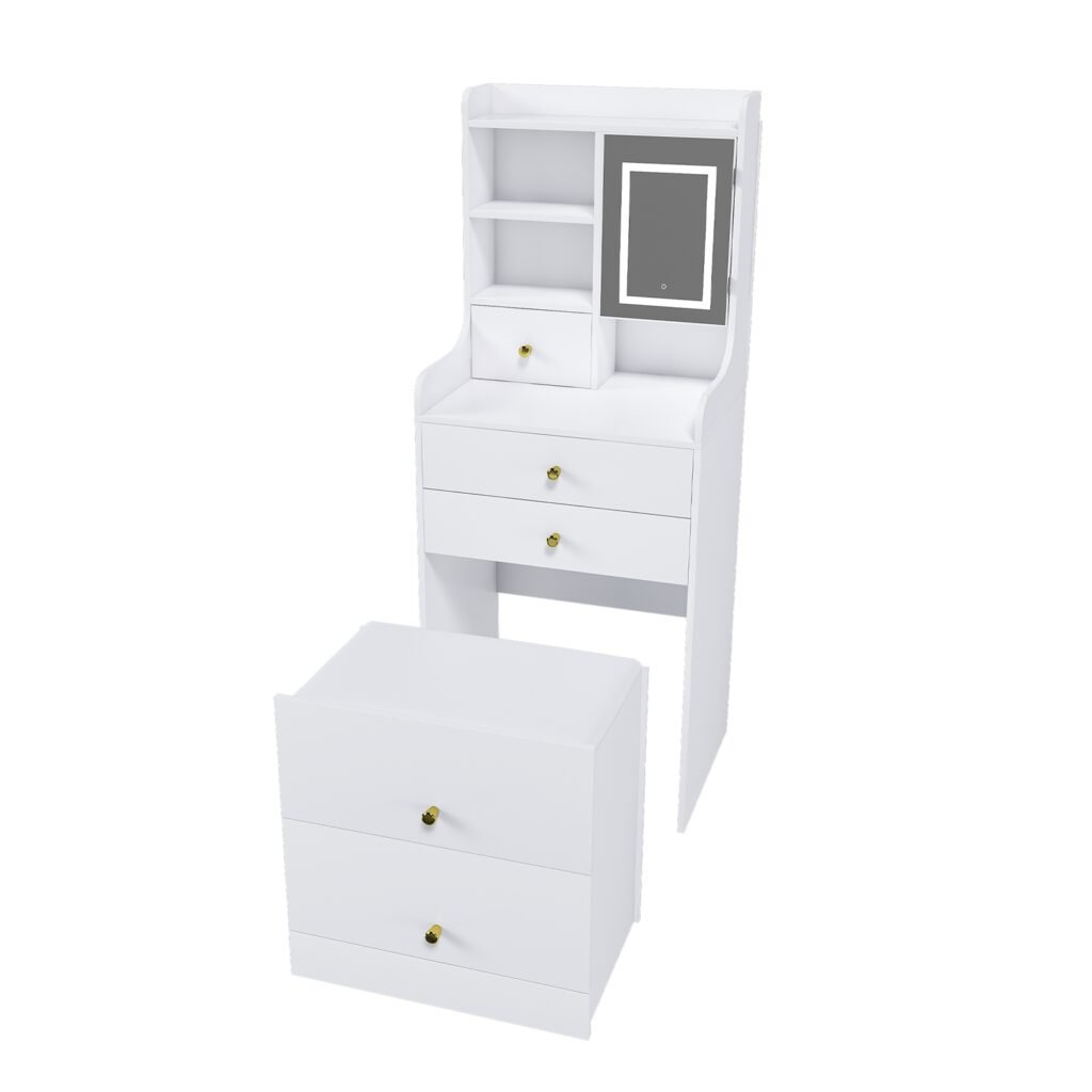 3 In 1 White Vanity Desk Set with LED Light Mirror & Hidden Storage Stool, Compact Multi-Functional Makeup Dressing Table for Bedroom