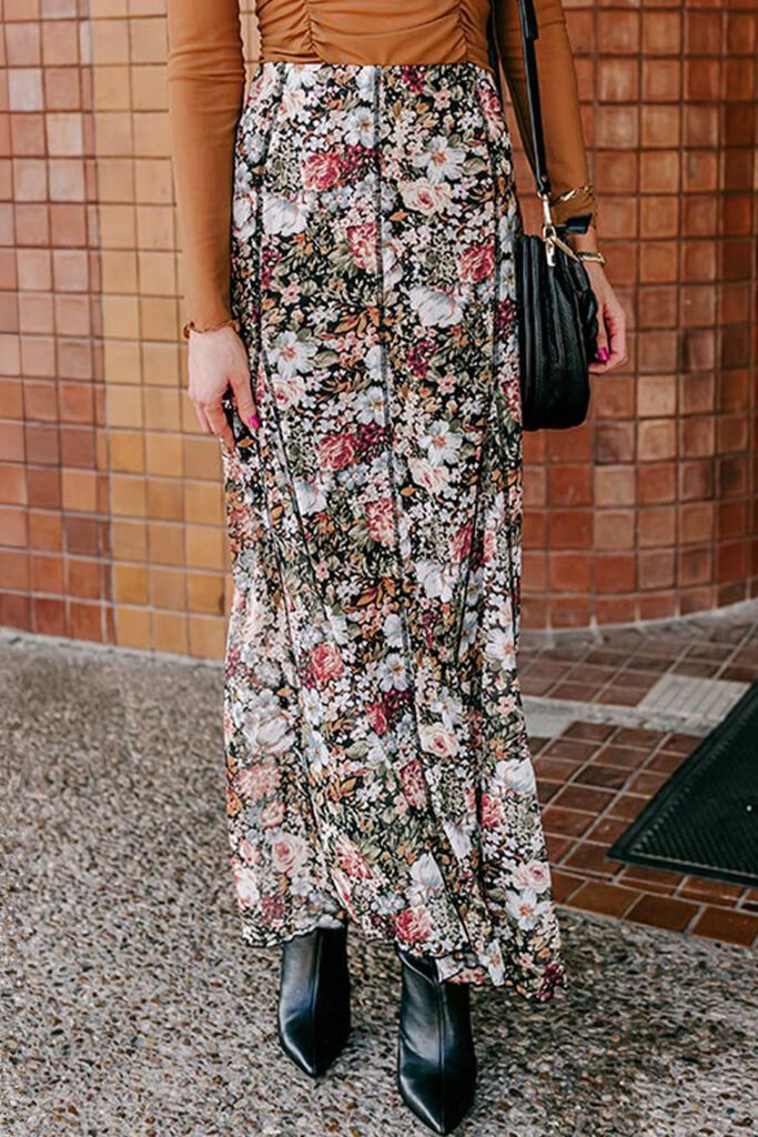Brown Floral Print High Waist Maxi Skirt Brown Floral Print High Waist Maxi Skirt
